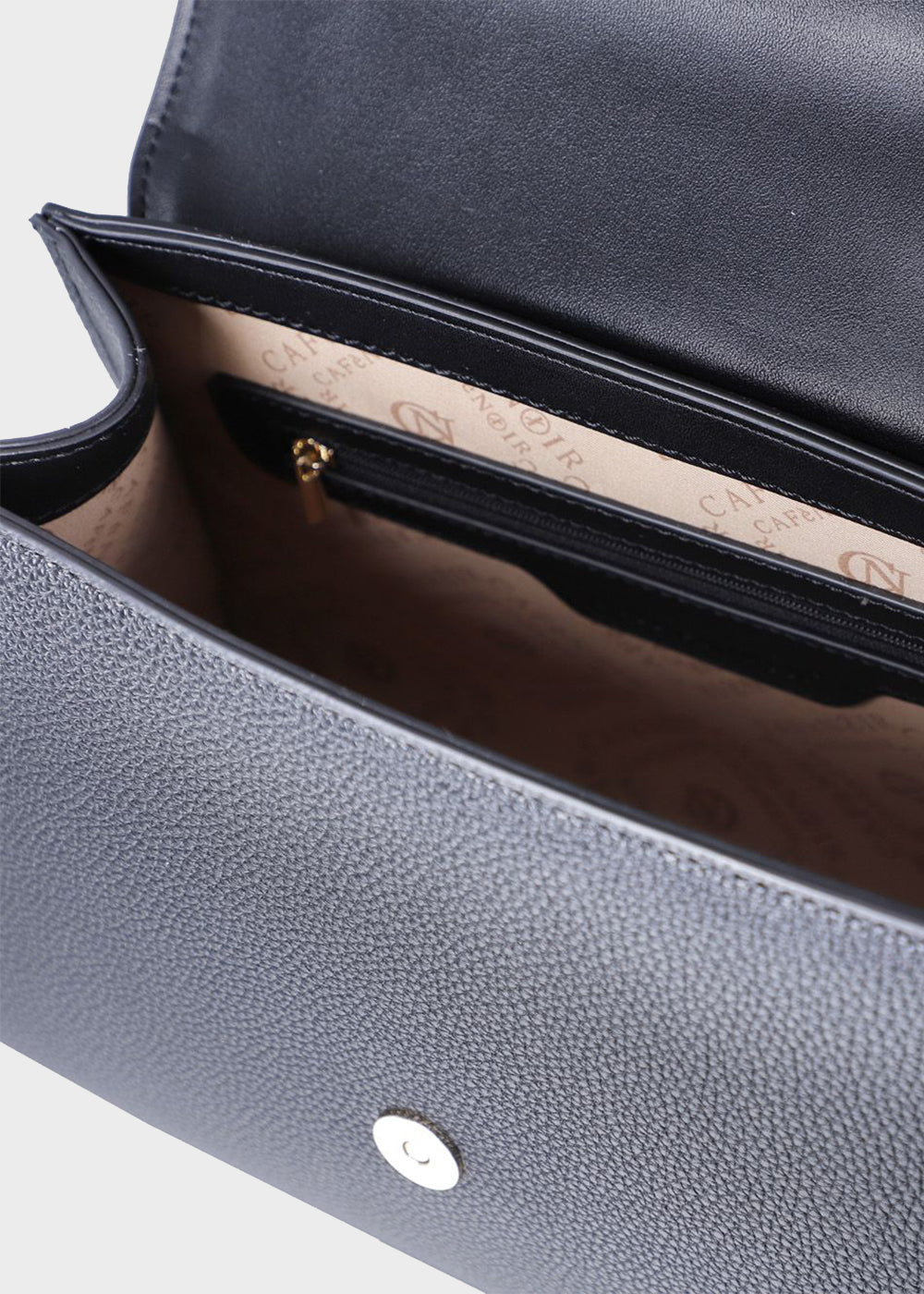 Handbag with shoulder strap and flap with logo