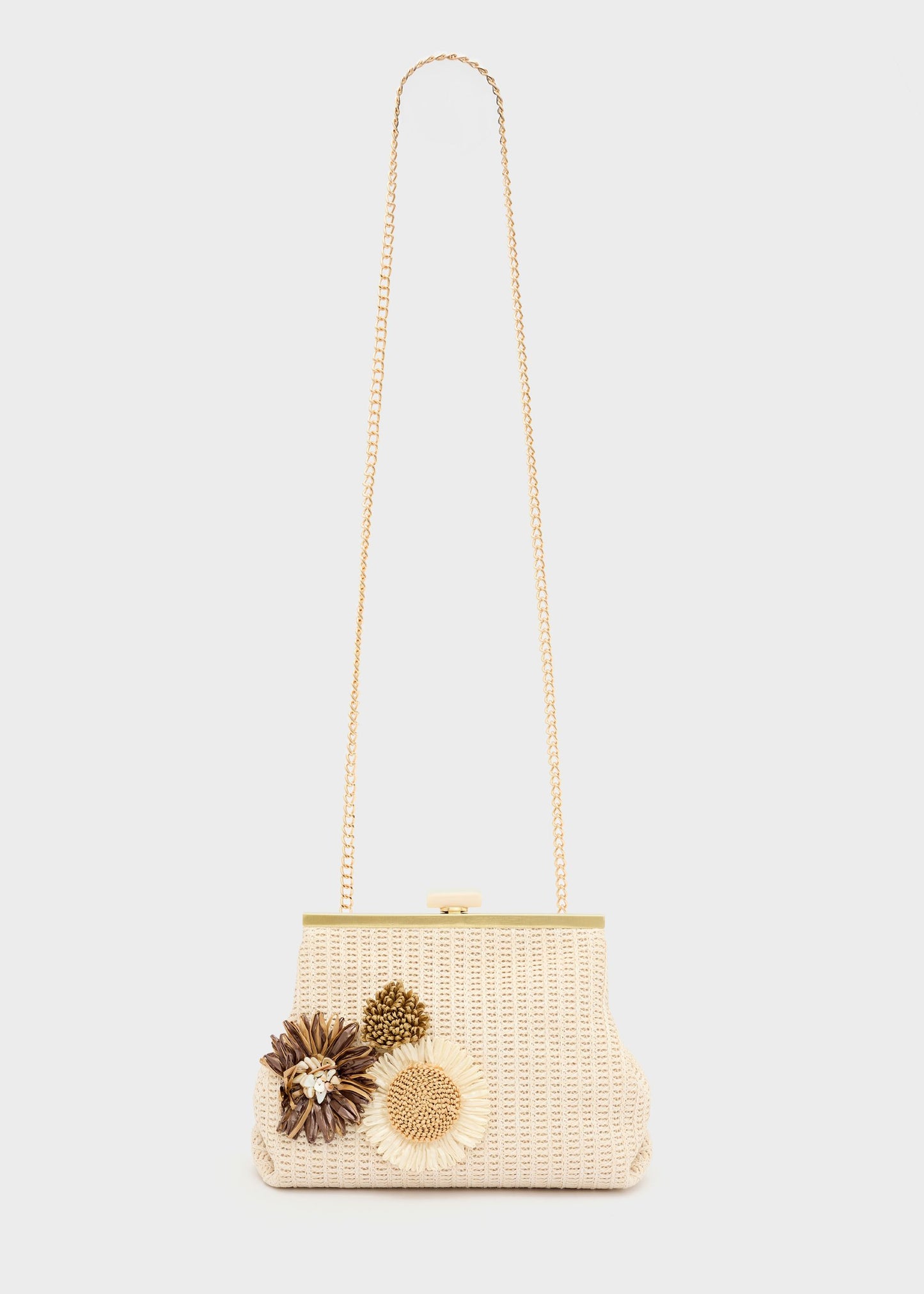 Pochette Marbella in paglia con fiori e tracolla a catena