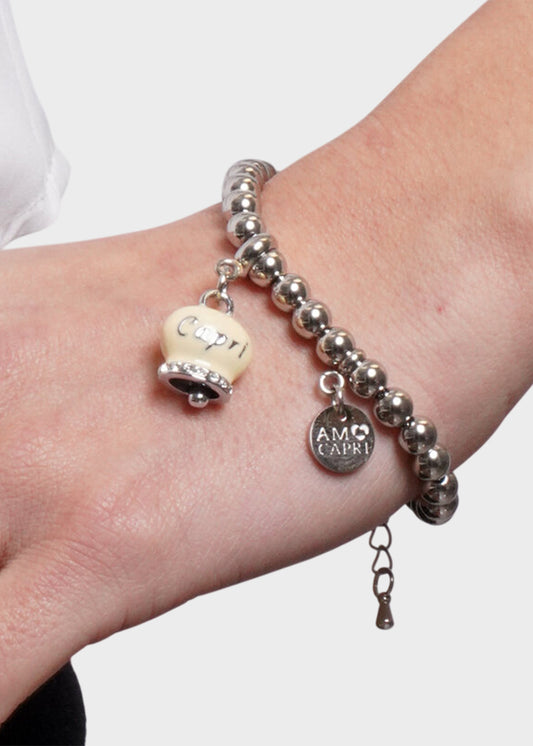 Bracciale in Acciaio a sfere color argento con Campanella Portafortuna Sole di Capri Gialla Pale Banana