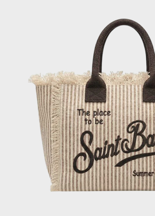 Borsa da mare grande Vanity in canvas a righe beige