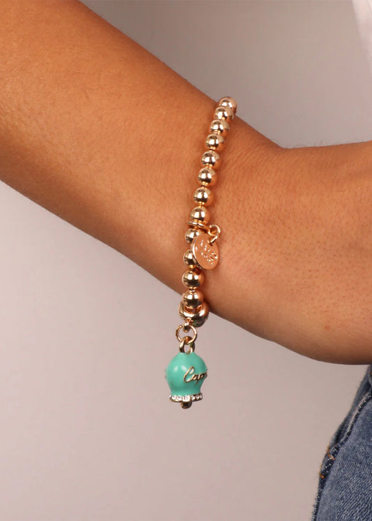 Bracciale in Metallo color oro con maglia a sfere e campanella Capri turchese