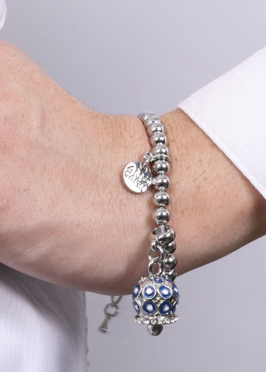 Bracciale in Metallo a sfere color argento con campanella a pois blu e zirconi