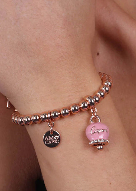 Bracciale in Metallo color oro con maglia a sfere e campanella Capri rosa