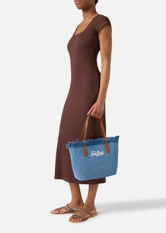 Borsa shopper City media in tessuto con frange