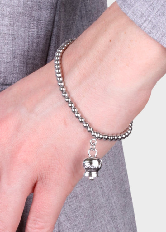 Bracciale in Acciaio a perline color argento con campanella pendente e scritta Capri