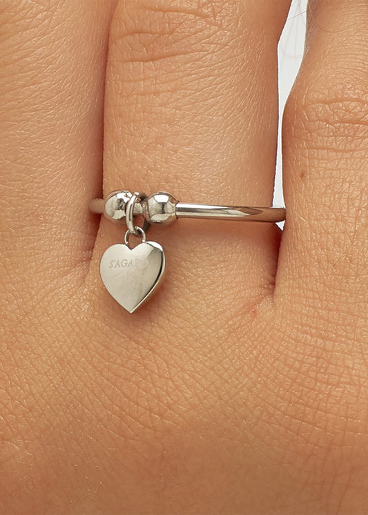 Anello regolabile Feelings in acciaio con sfere e pendente a forma di cuore