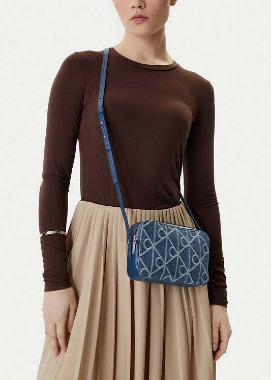 Borsa a tracolla in denim con emblem logo all-over