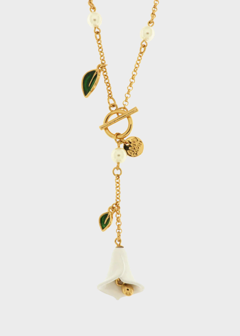 Gold-colored metal necklace with T-clasp and bell in the shape of a white calla lily and leaves
