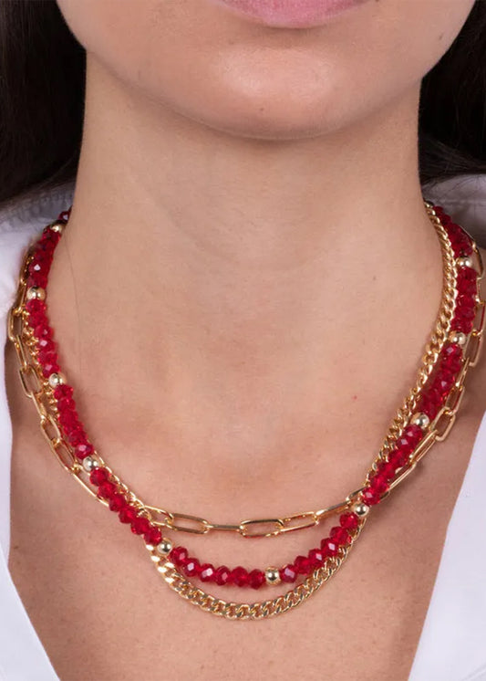 Collana multifilo in Metallo con pietre rosse e catene