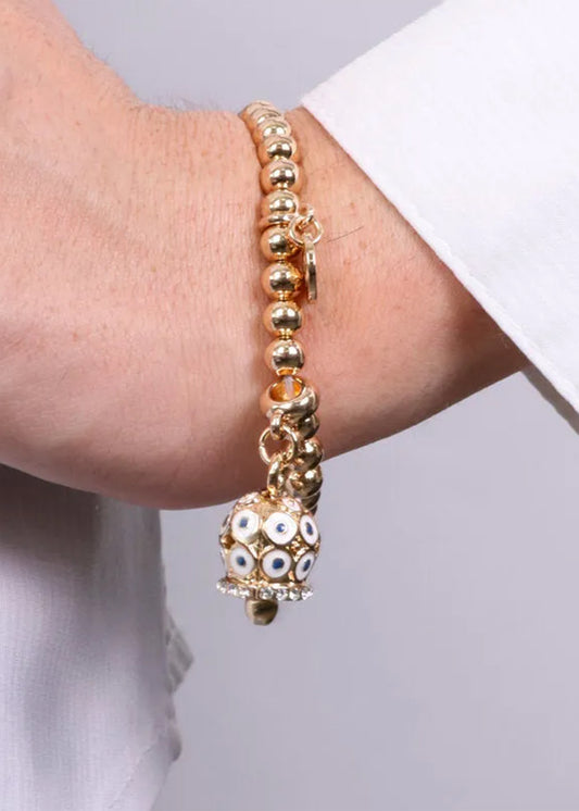 Bracciale in Metallo con campanella a pois bianco e zirconi