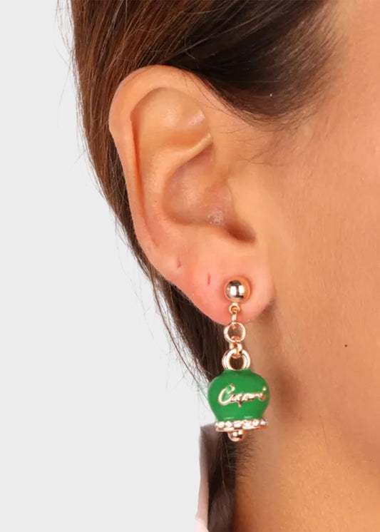 Orecchini in Metallo color oro rosa con campanella Capri verde e cristalli