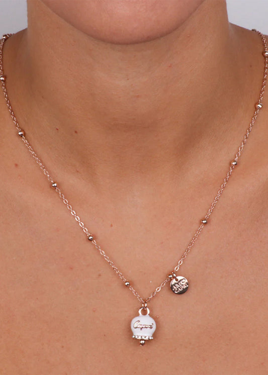 Rose gold-colored metal necklace with white Capri bell and crystals