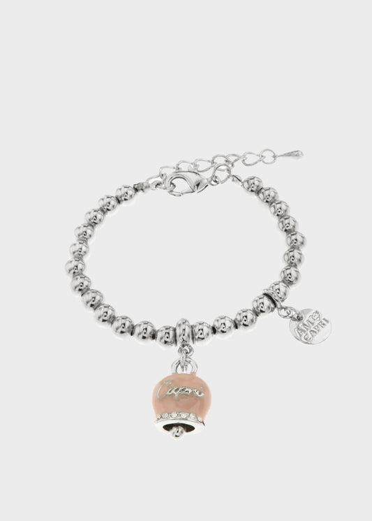 Bracciale in Metallo color argento con maglia a sfere e campanella Capri rosa antico