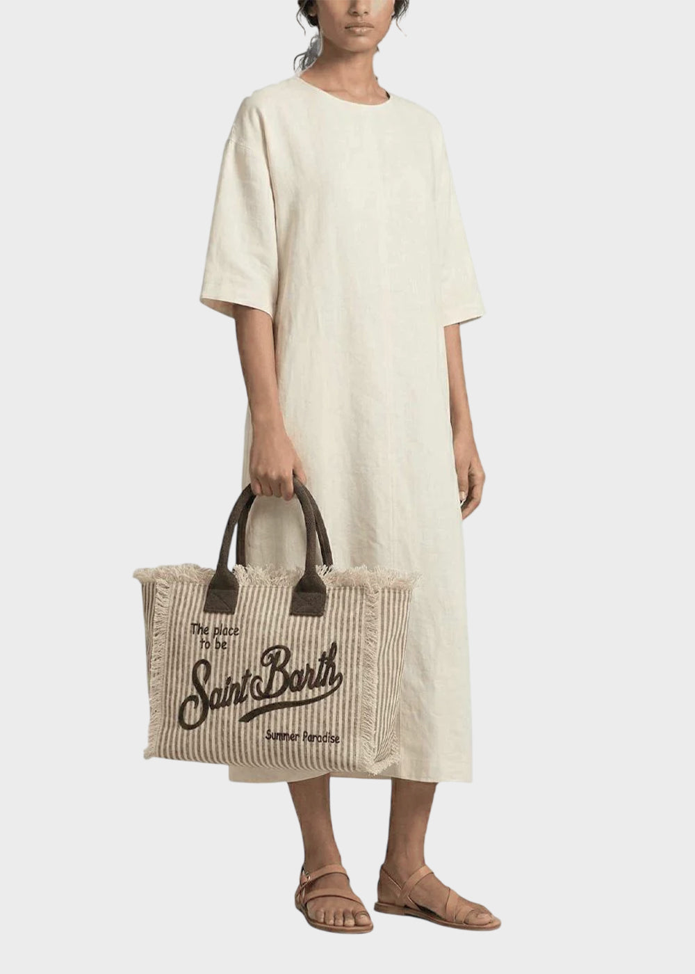 Borsa da mare grande Vanity in canvas a righe beige