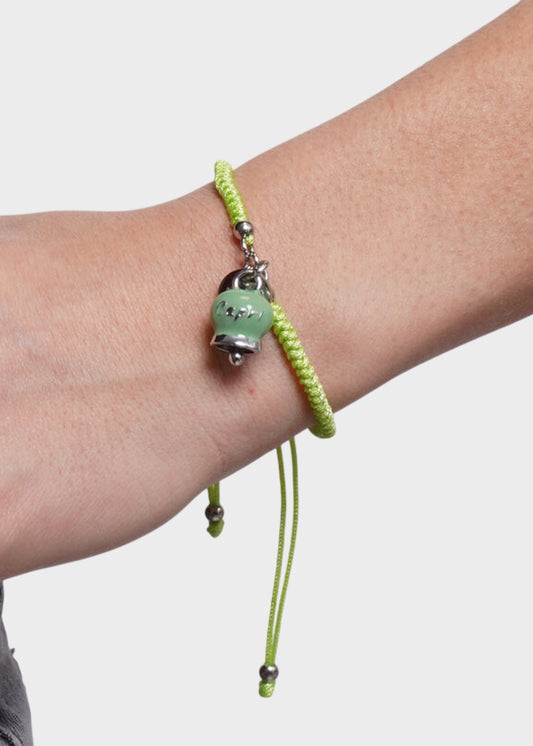 Bracciale in tessuto e Acciaio con Campanella Portafortuna Verde