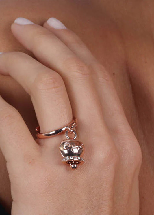 Rose gold-colored metal ring with Capri bell and crystals