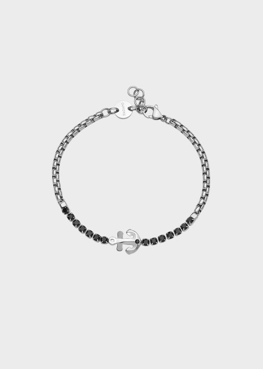 Bracciale Nautika in acciaio con centrale a forma di ancora con finitura pvd colore rutenio e zirconi neri