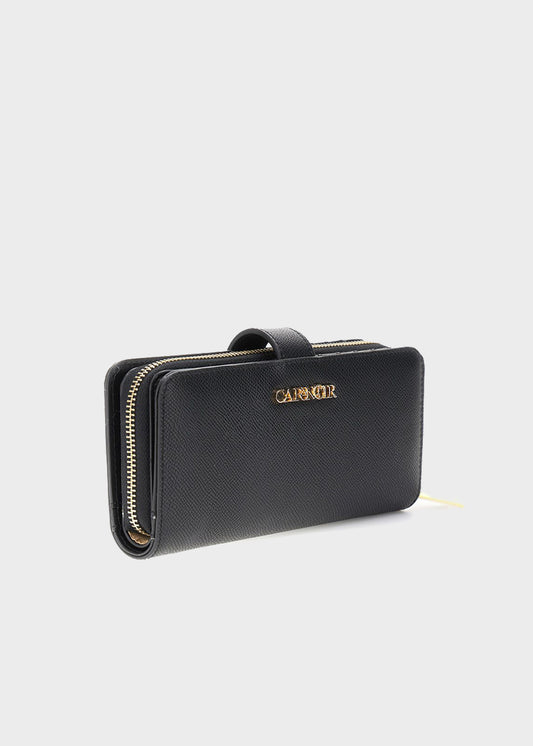 Wallet with zip closure and flap, with metal logo