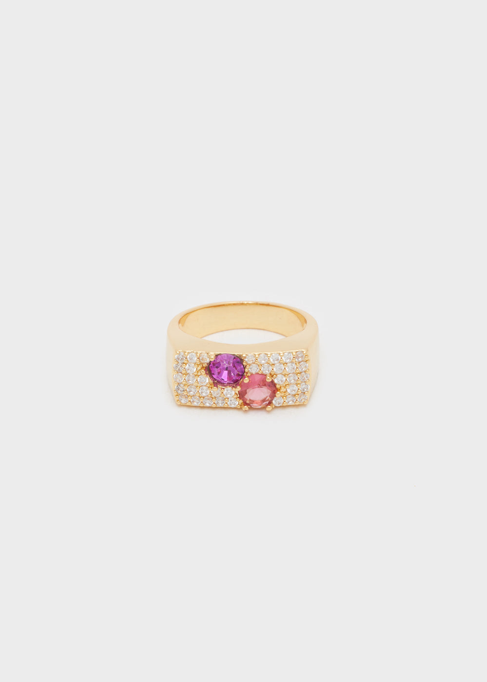 RECTANGULAR GOLD RING WITH PURPLE STONES