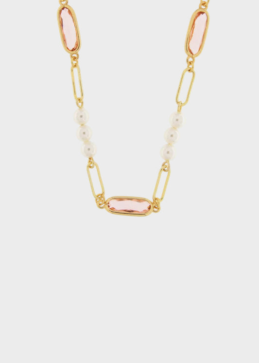 Collana in Metallo color oro con perline e cristalli rosa