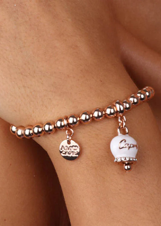 Bracciale in Metallo color oro con maglia a sfere e campanella Capri bianca