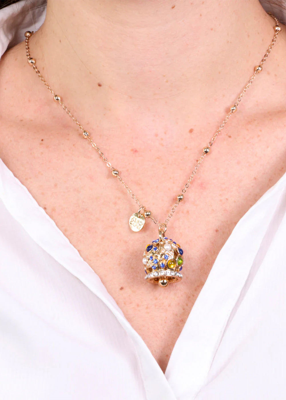 Collana in Metallo color oro con campana e zirconi multicolor grande