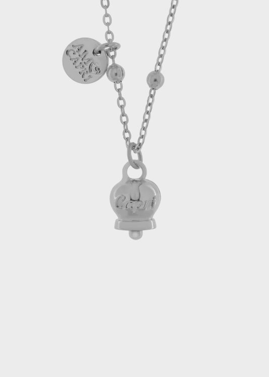 Collana in Acciaio color argento con campanella pendente argento con scritta Capri