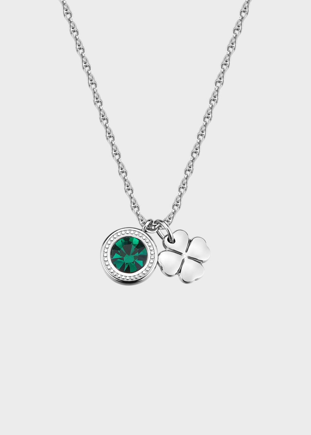 Collana Lucky Light girocollo in acciaio con cristallo verde e pendente a forma di quadrifoglio