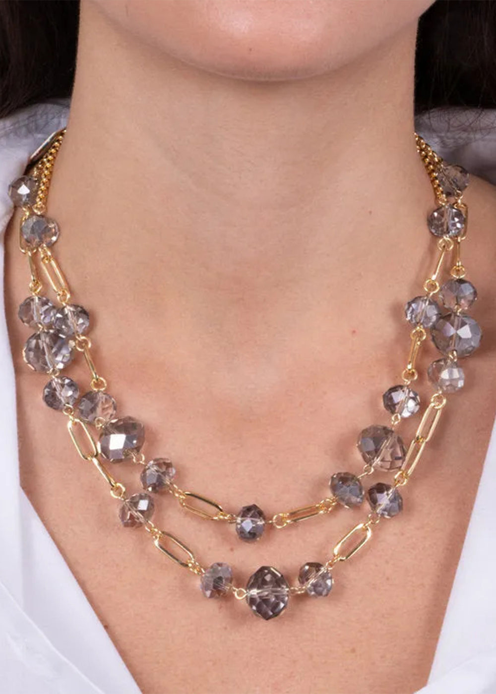 Collana in Metallo color oro doppia catena con cristalli