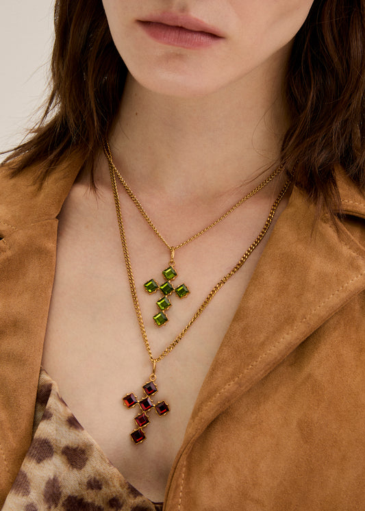 Cross necklace with green rhombus stones, in stainless steel