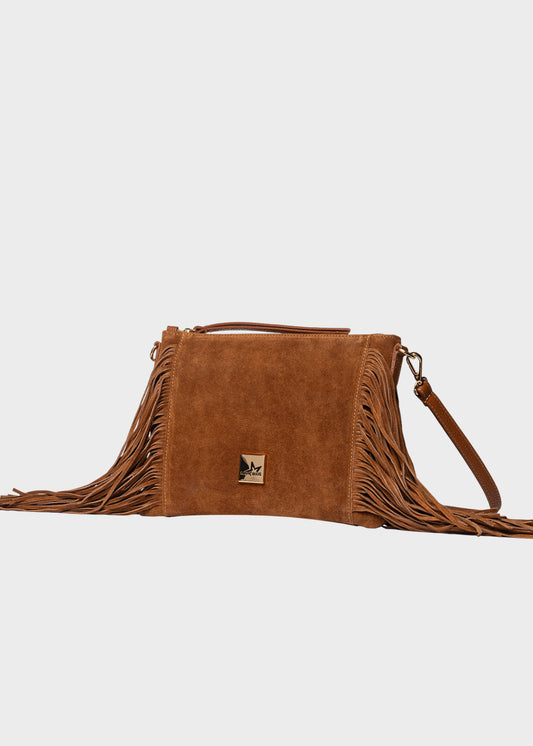 Borsa a tracolla Calira con frange, in pelle scamosciata