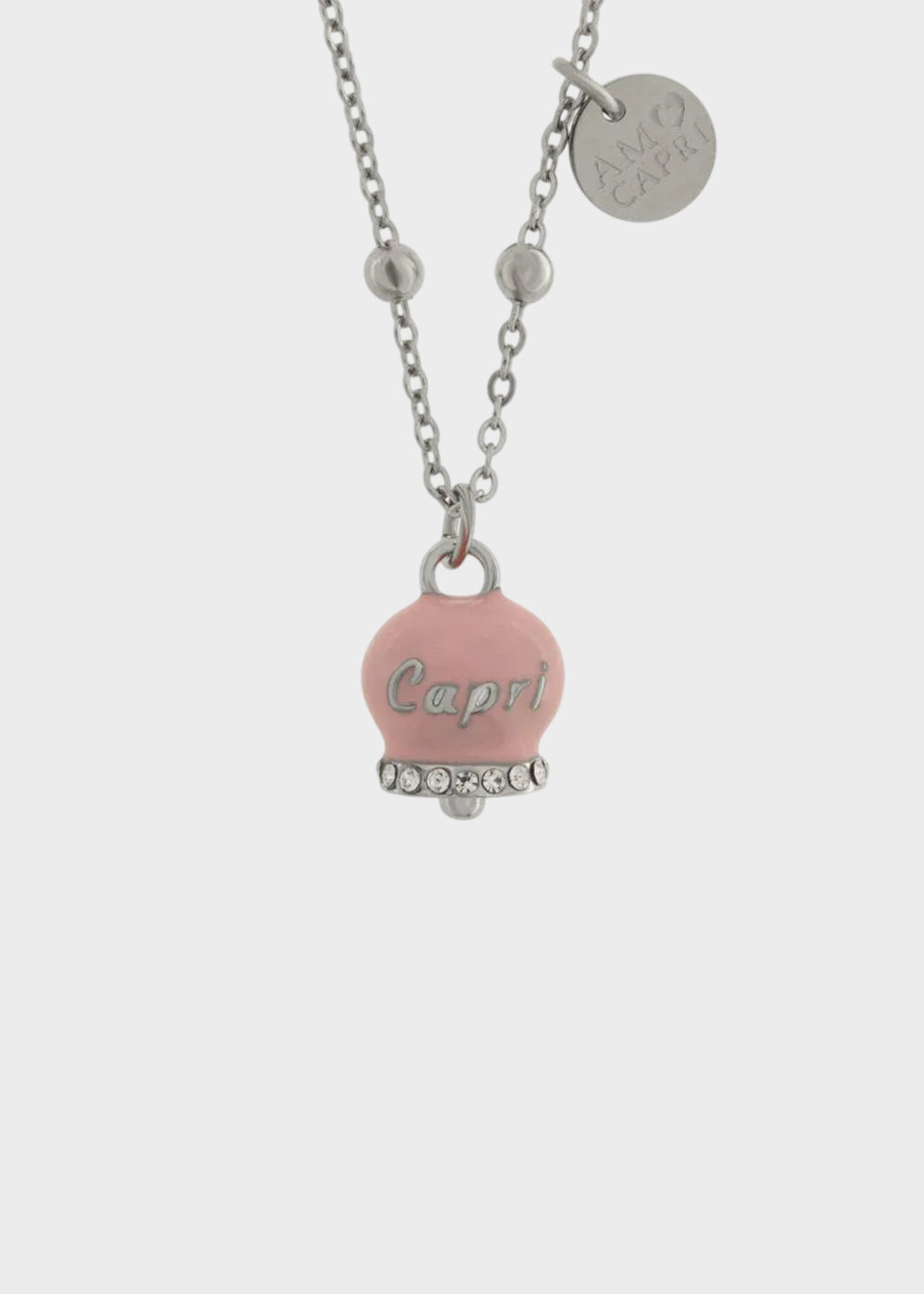 Collana in Acciaio color argento con Campanella Portafortuna Capri Rosa