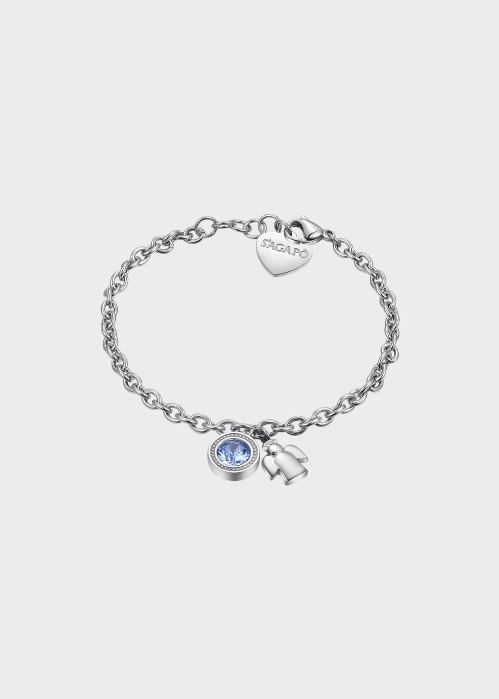 Bracciale Lucky Light in acciaio con cristallo Swarovski© azzurro e pendente a forma di angelo