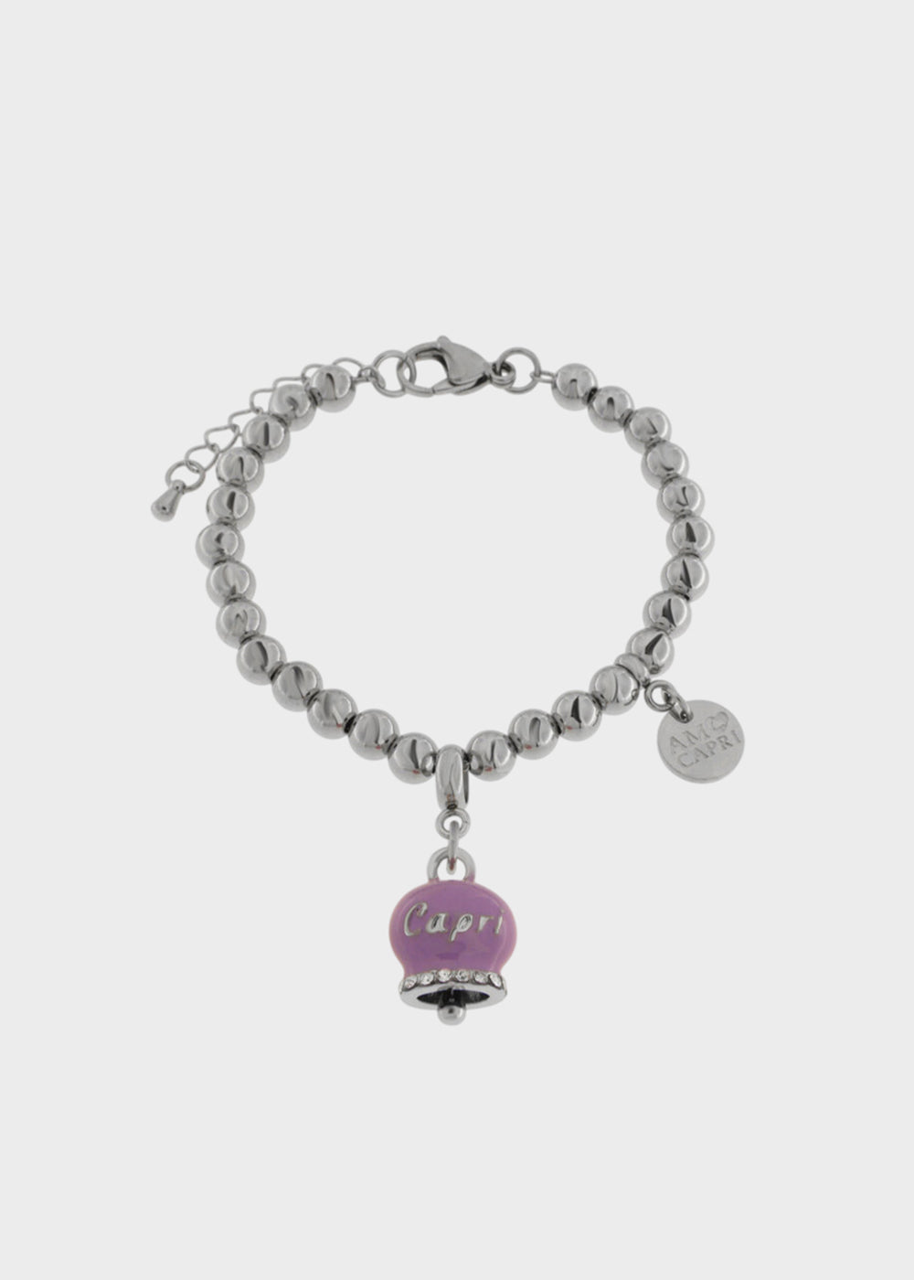 Bracciale in Acciaio a sfere color argento con Campanella Portafortuna Giardini di Capri Viola Amethyst Orchid