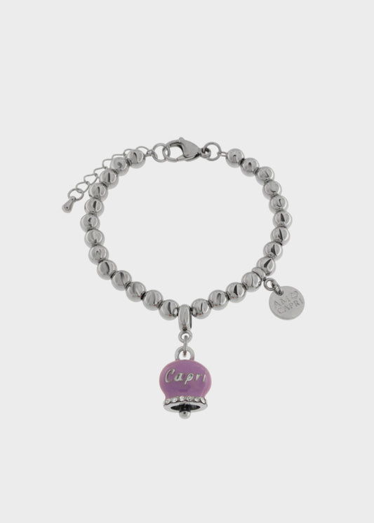 Bracciale in Acciaio a sfere color argento con Campanella Portafortuna Giardini di Capri Viola Amethyst Orchid