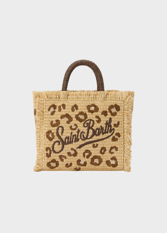 Borsetta da mare piccola Vanity Mini Straw Leopard con tracolla in tessuto effetto paglia