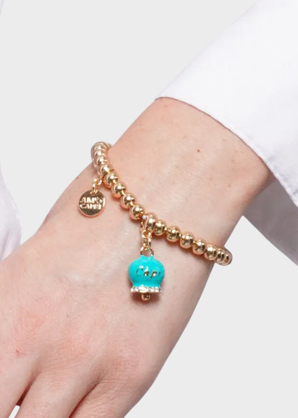 Bracciale in Metallo color oro con maglia a sfere e campanella Capri turchese-2