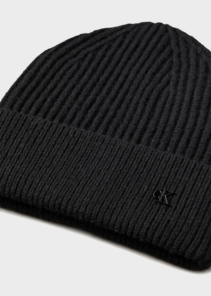 Black wool blend logo beanie