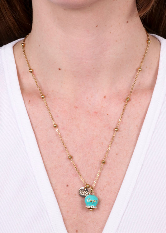 Collana in Acciaio color oro con campanella pendente turchese con scritta Capri