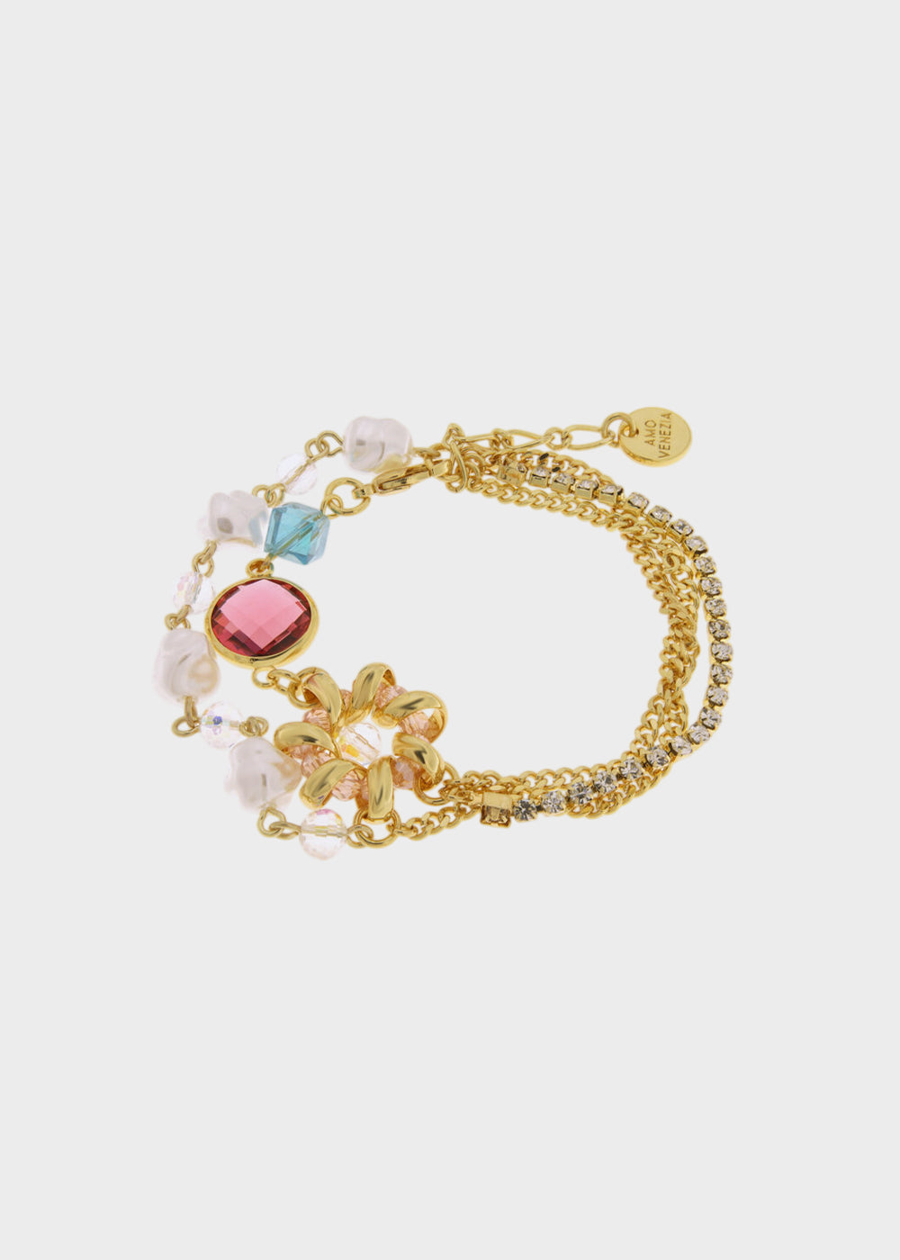 Bracciale multifilo in Metallo color oro con perle e pietre colorate