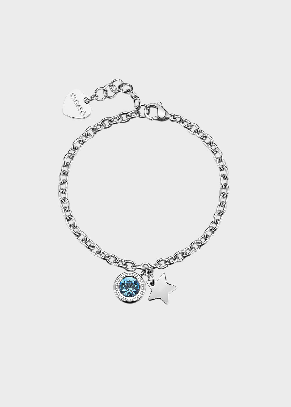 Bracciale catena Lucky Light in acciaio con cristallo azzurro e pendente a forma di stella