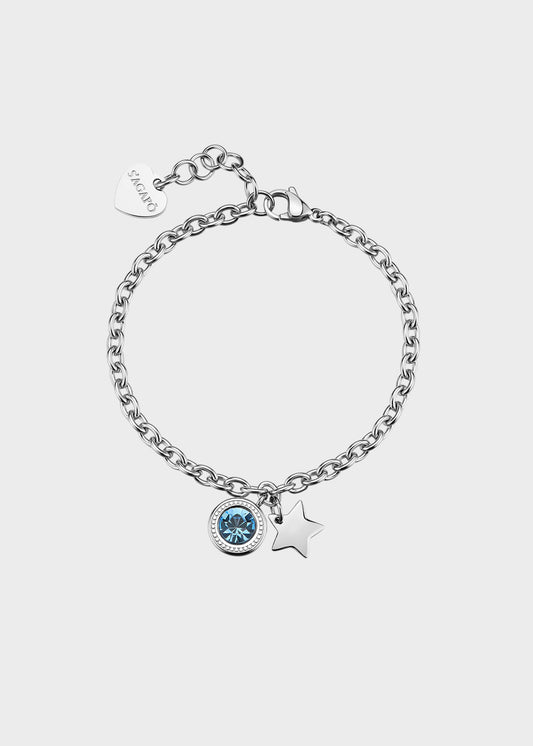 Bracciale catena Lucky Light in acciaio con cristallo azzurro e pendente a forma di stella