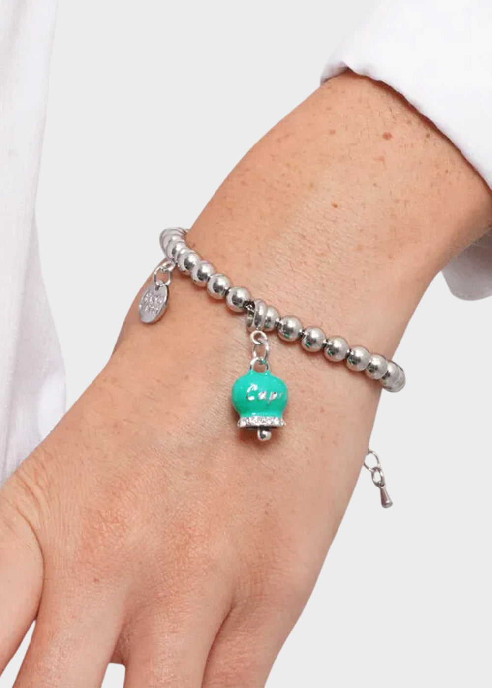 Bracciale in Acciaio a sfere color argento con campanella turchese con scritta Capri-2