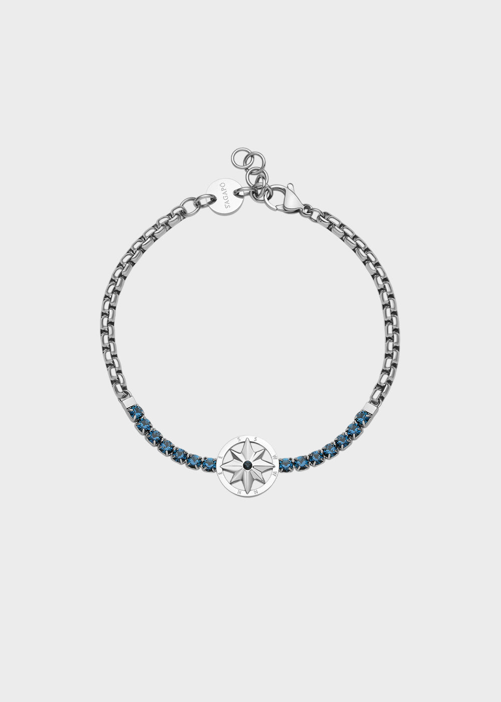 Bracciale Nautika in acciaio con centrale rosa dei venti e zirconi blu