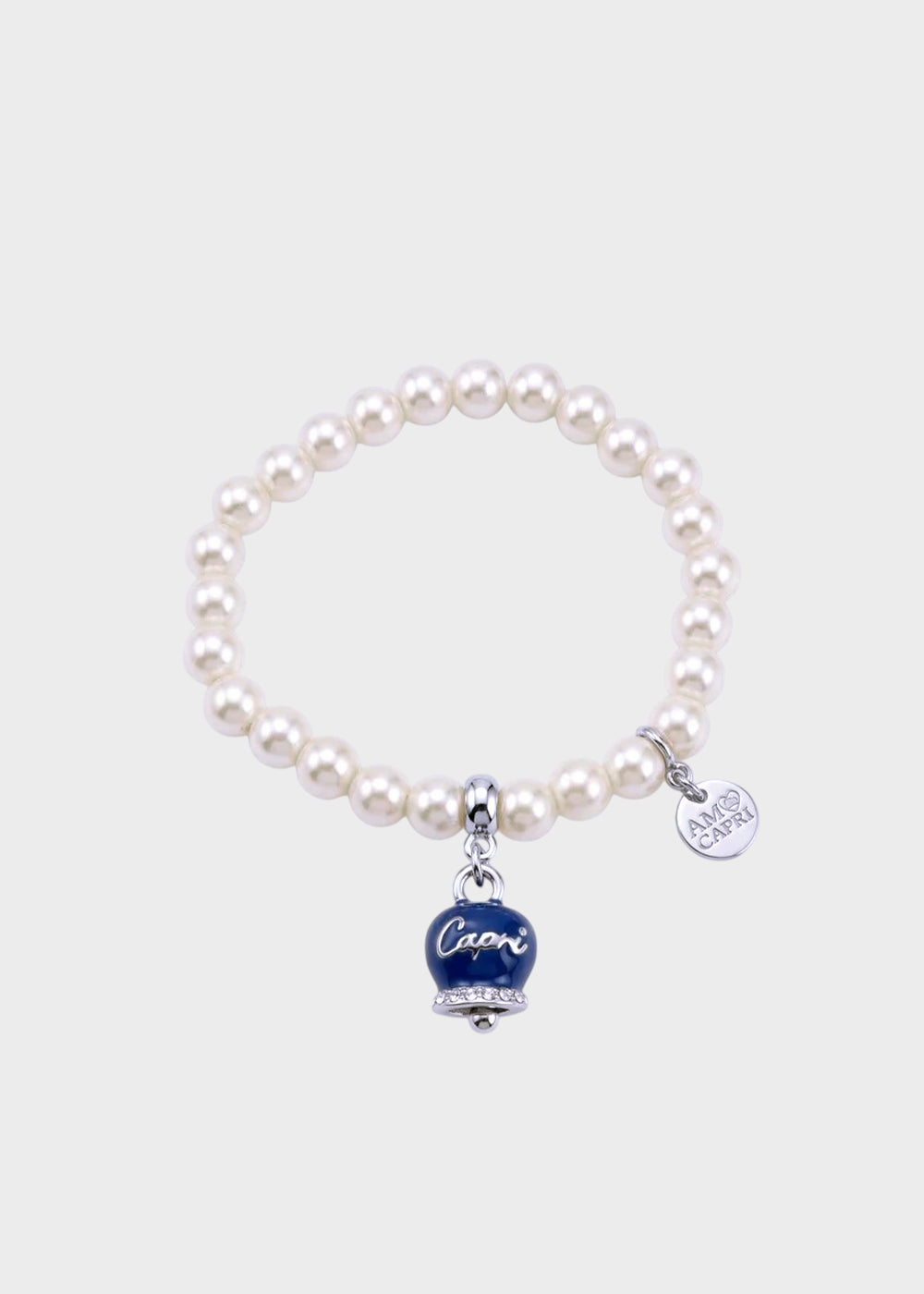 Bracciale in Metallo con perle e campanella portafortuna in smalto blu con scritta Capri-1