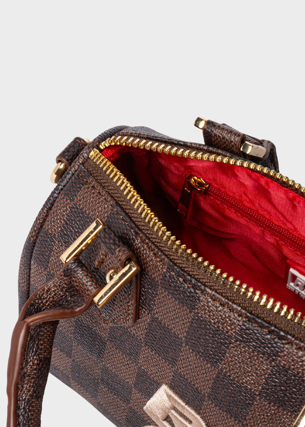 Borsa a mano piccola con tracolla, logo ricamato frontale e trama a scacchi-4