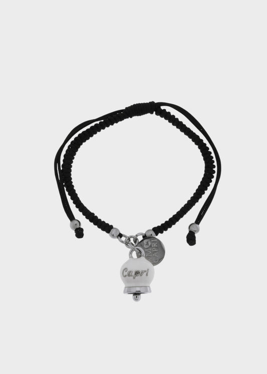 Bracciale in tessuto Nero e Acciaio con Campanella Portafortuna Bianca