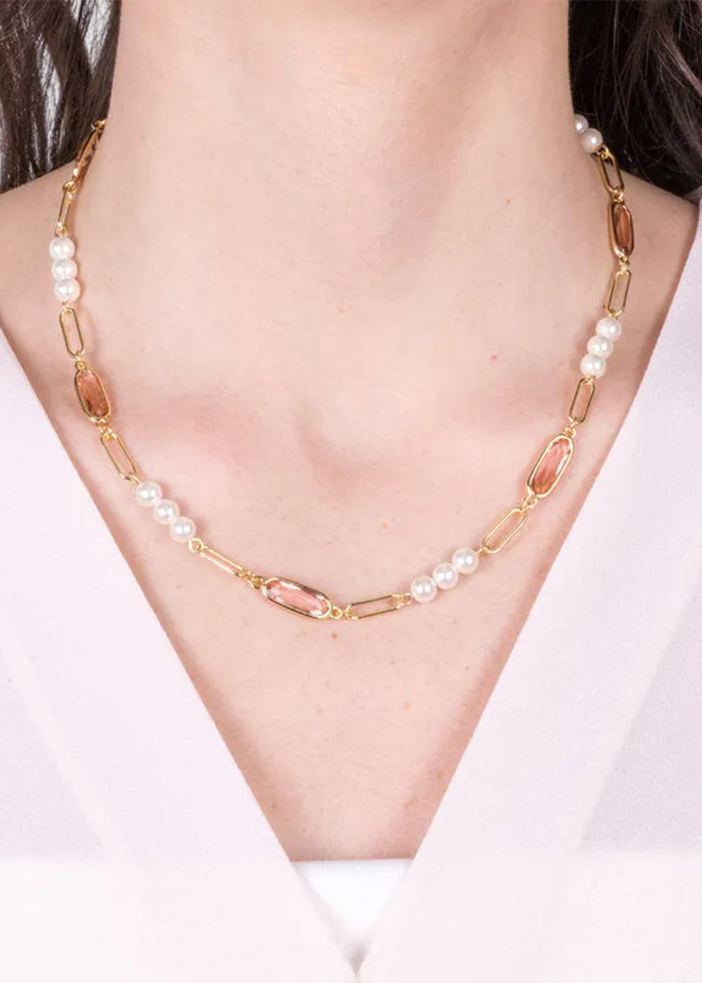 Collana in Metallo color oro con perline e cristalli rosa