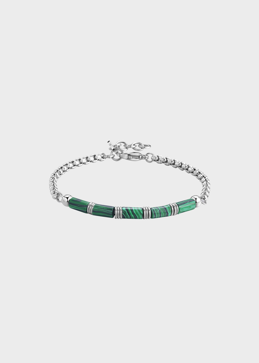 Bracciale Riot in acciaio con catena e centrale con elementi in malachite e acciaio