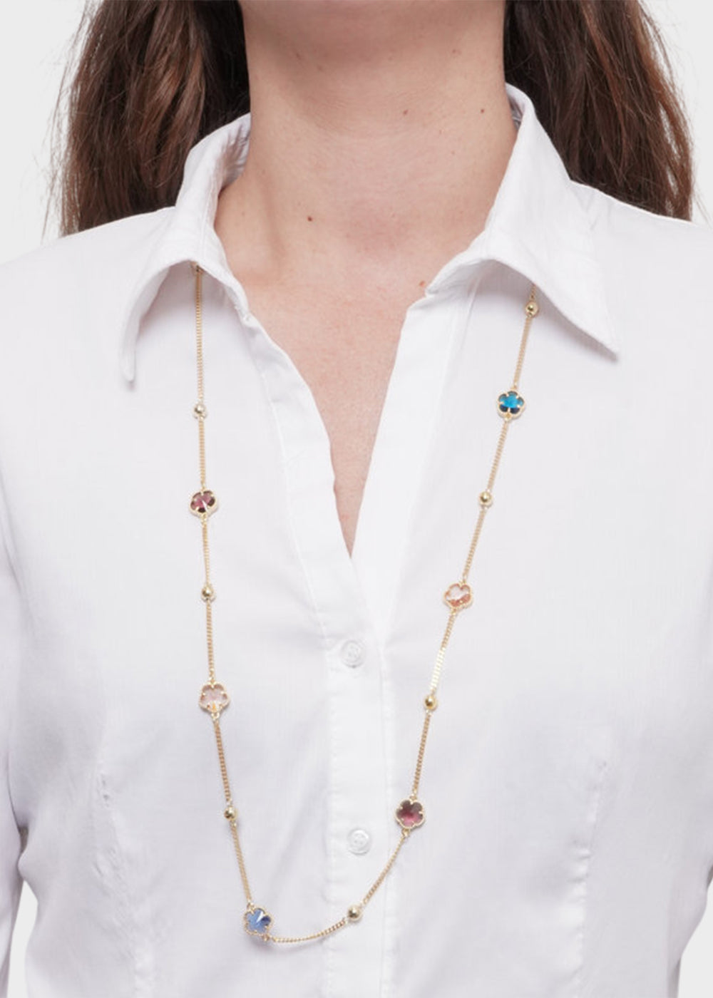 Collana lunga in Metallo color oro con fiori colorati